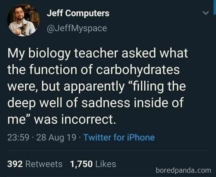 Tweet humor about biology class and the struggle of understanding carbohydrates, reflecting the humor of working in medicine.