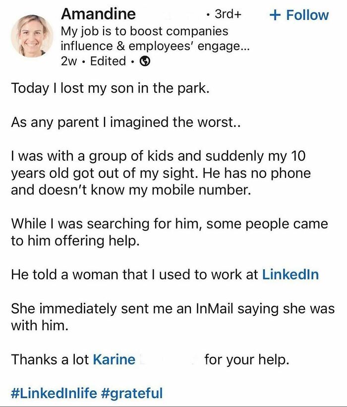 LinkedIn post showing a parent distracted by hustle culture losing sight of their child in the park.