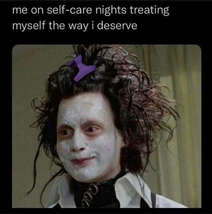 A meme showing a person with messy hair and white face paint, reflecting introvert self-care after socializing.