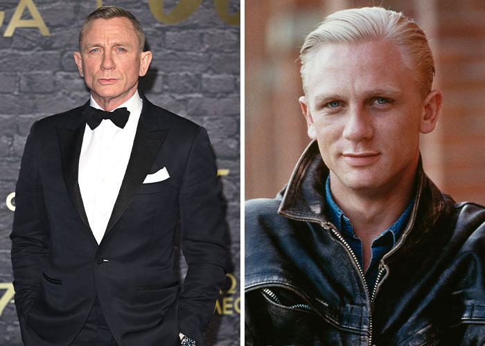 Actor Daniel Craig in a tuxedo at an event and a younger man in a leather jacket, highlighting celebrities who experienced homelessness.