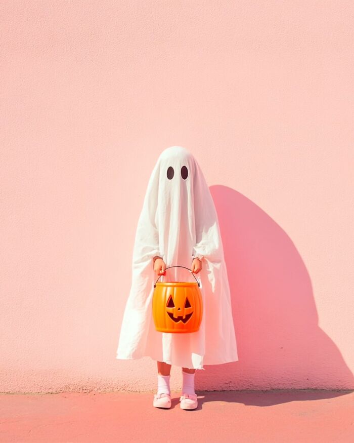 Child dressed as a minimalist ghost holding a pumpkin bucket against a soft pink wall, capturing a peaceful escape vibe.