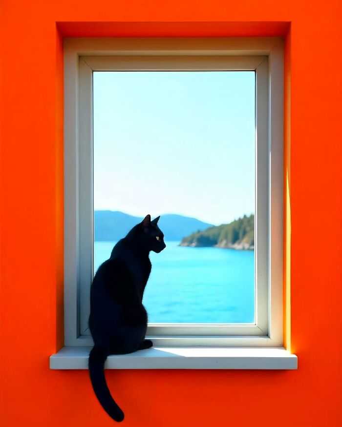 Black cat sitting on a windowsill, looking out at a calm blue sea and distant hills in a minimalist peaceful escape scene.