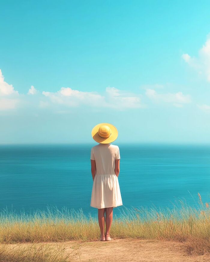 Woman in a white dress and yellow hat standing by the sea, a dreamy minimalist photo that feels like a peaceful escape.
