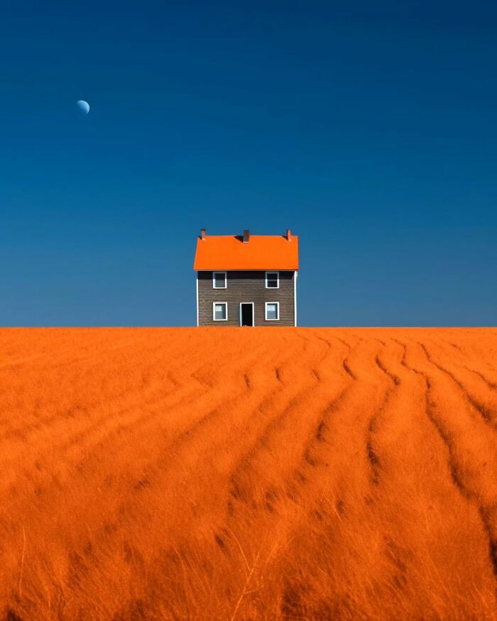 Minimalist photo of a solitary house with an orange roof on a textured orange field under a clear blue sky at dusk.
