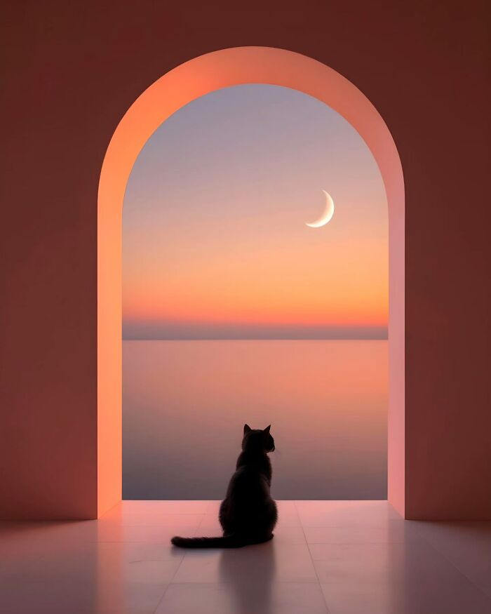 Cat sitting by an arched window overlooking a calm sea at sunset in a dreamy minimalist photo.