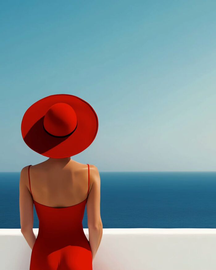 Woman in red dress and hat overlooking ocean, dreamy minimalist photo evoking peaceful escape and calm seaside view.