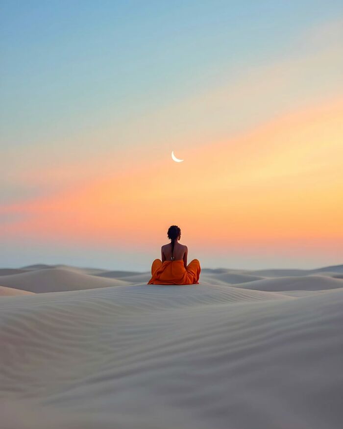 Woman in orange dress sitting on sand dunes at sunset in dreamy minimalist photo capturing peaceful escape.