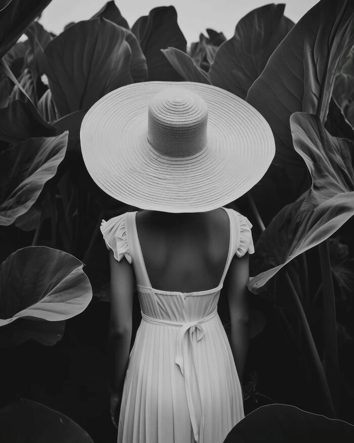Woman in a wide-brimmed hat and minimalist dress standing amidst large leaves, evoking a peaceful escape.