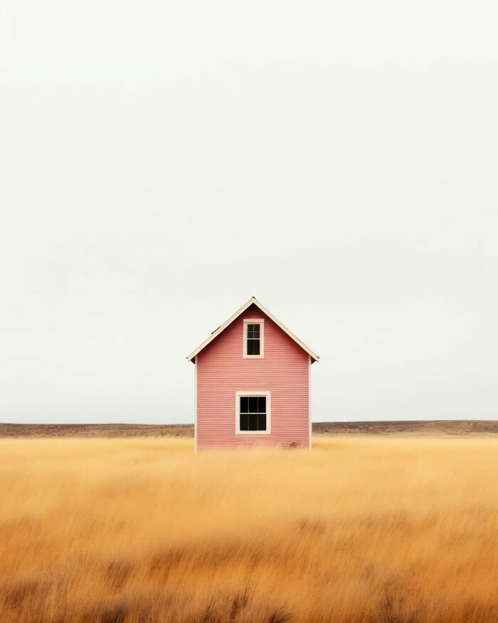 Minimalist photo of a pink house in a golden field creating a peaceful escape with dreamy, calm landscape vibes.