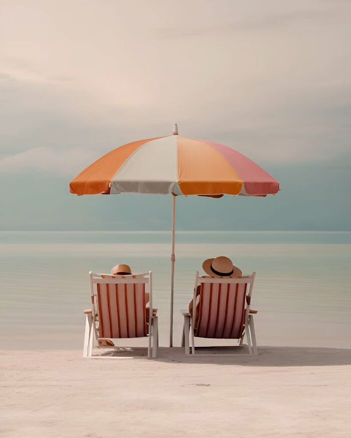 Two people relaxing under a colorful umbrella on a minimalist beach with calm waters and peaceful sky.