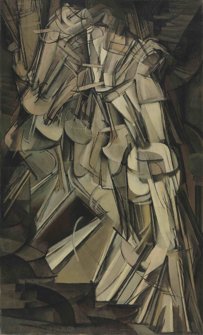 Cubist painting depicting abstract figures on a staircase, showcasing timeless paintings and their fascinating stories.