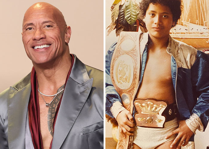 Dwayne Johnson smiling in a gray jacket next to a young wrestling champion holding title belts, highlighting celebrities who experienced homelessness.