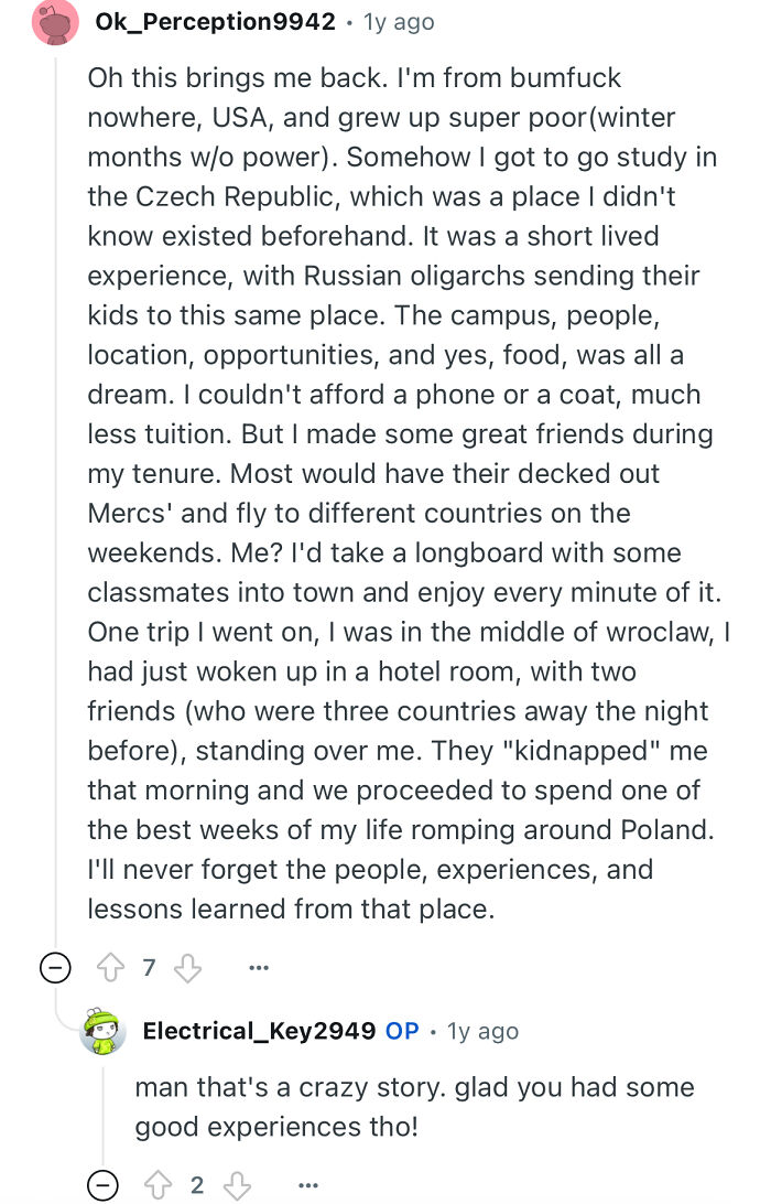 Reddit user shares experience studying in a prestigious private school abroad, describing challenges and memorable moments.