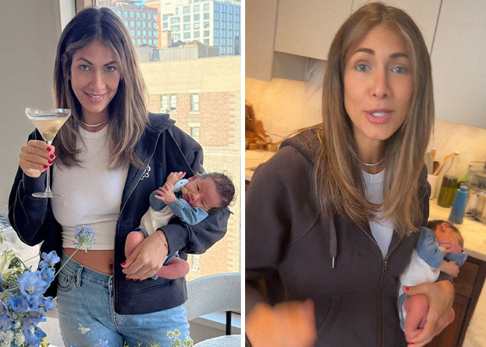 Woman holding a baby while drinking a cocktail, representing celebrities called out over their awful parenting.