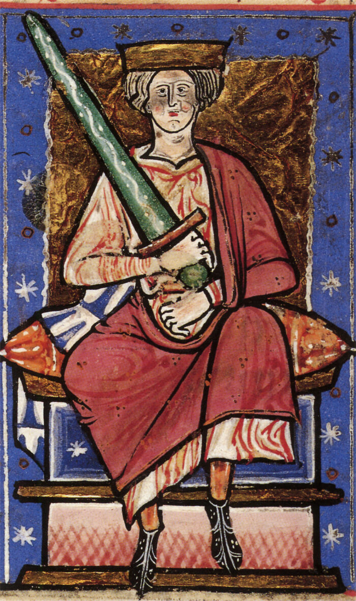 Medieval king seated on throne holding a large sword, showcasing real life moments more interesting and bizarre than fiction.