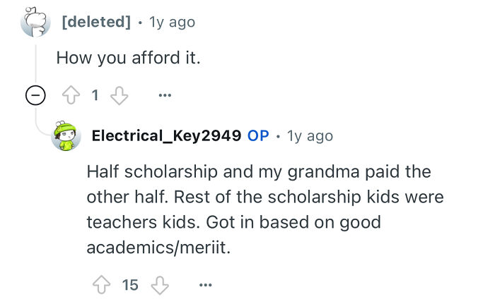 Commenter explains how a person studied in a prestigious private school, mentioning scholarships and academic merit.