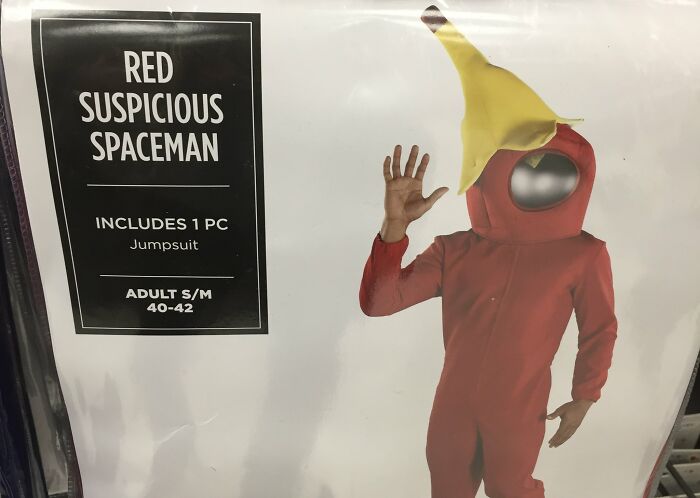 Off-brand Halloween costume featuring a red spaceman jumpsuit with a quirky banana hat accessory.