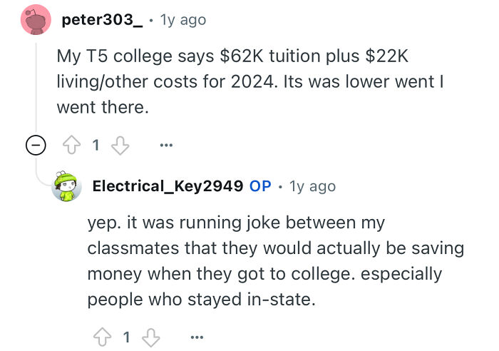 Reddit users discuss college tuition costs and expenses, with one person studied in a prestigious private school answering questions.