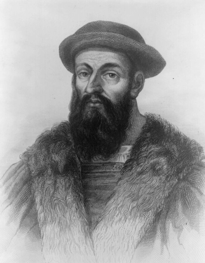 Black and white engraving of a historical man with a beard and fur coat illustrating facts about history that turned out false.