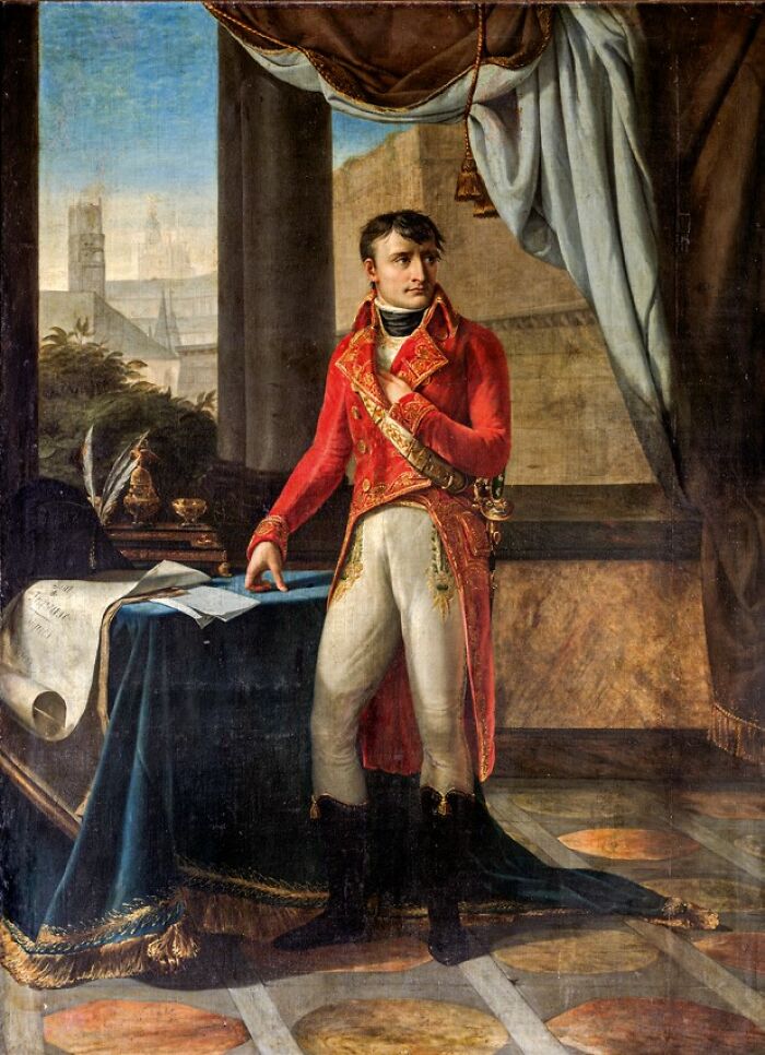 Painting of a historical figure in a red coat in an ornate room illustrating so-called facts about history that turned out false.