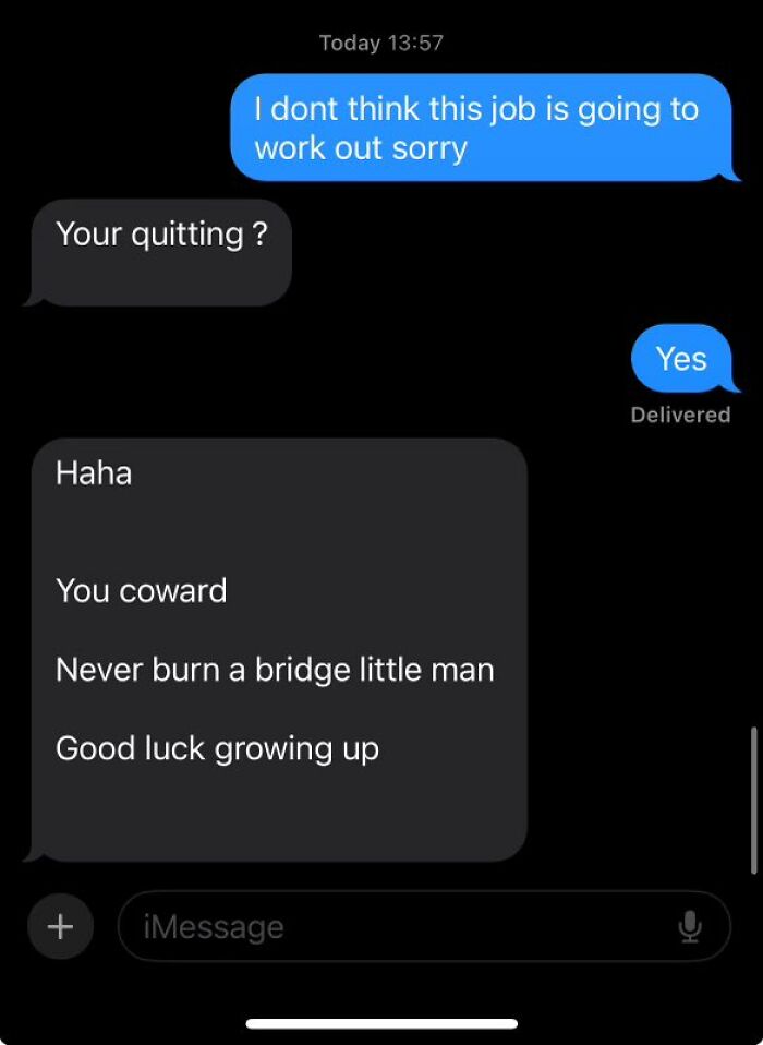 Text message exchange showing a quit notice and a rude boss response, highlighting reasons people hate their boss.
