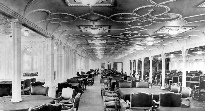 Interior view of the Titanic’s elegant dining room showcasing rare historical details and vintage design elements.