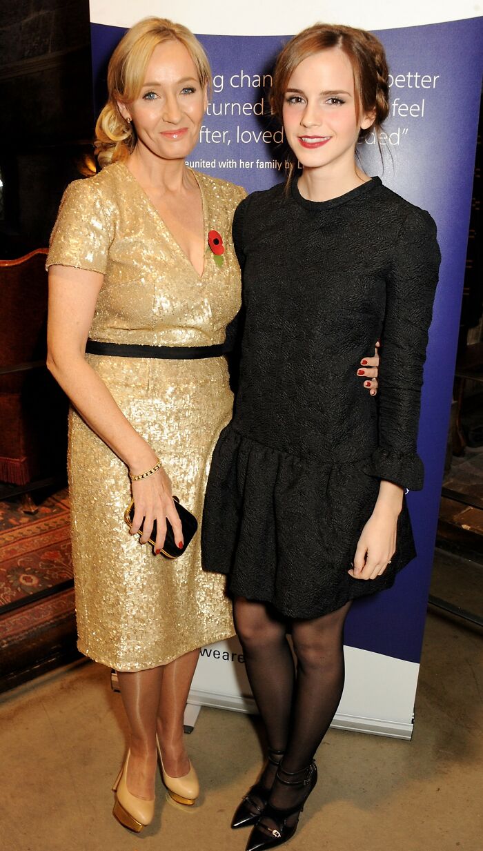 Emma Watson and J.K. Rowling posing together at an event, related to the trans feud discussion.