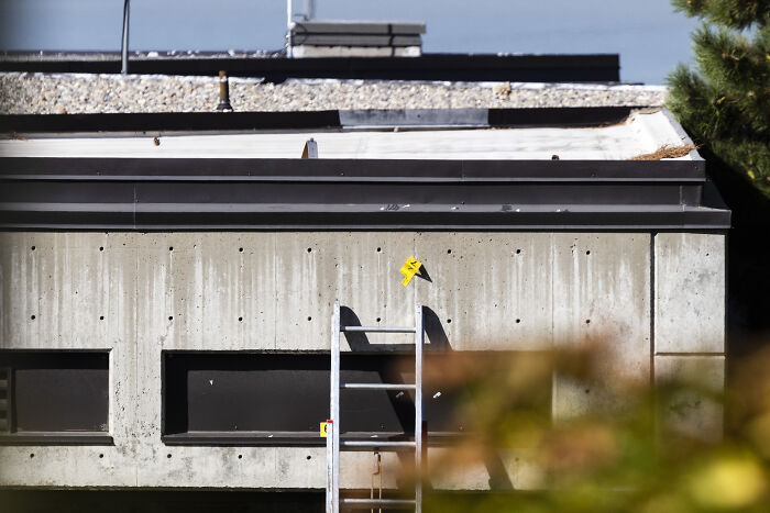 Concrete rooftop nest with a metal ladder and evidence markers showing sniper&rsquo;s exact point of view in eerie photos.