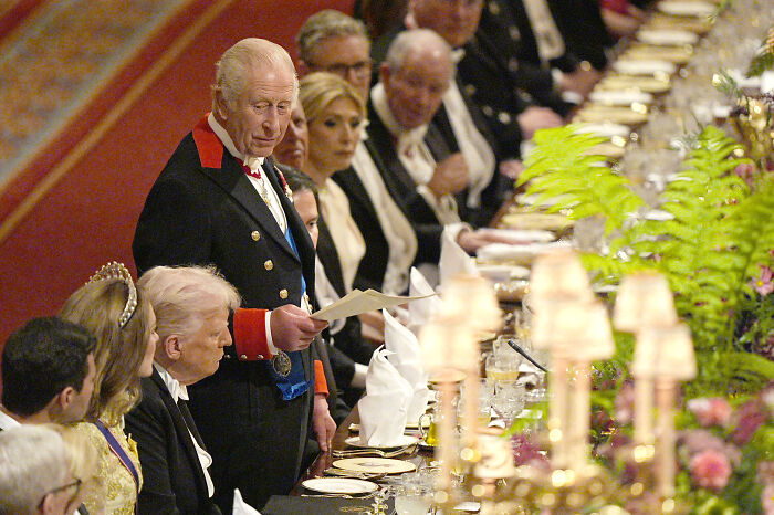 King Charles shows subtle signs of impatience in body language during formal state visit with Donald Trump at banquet.