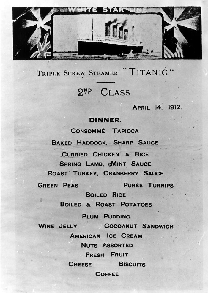 1912 Titanic second class dinner menu listing various dishes including roast turkey and plum pudding.