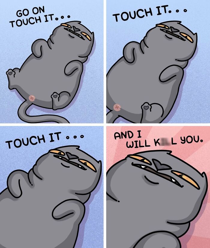Cartoon cat lying on its back with captions inviting to touch it, ending with a warning, illustrating pet behavior in ferrets and cat life.