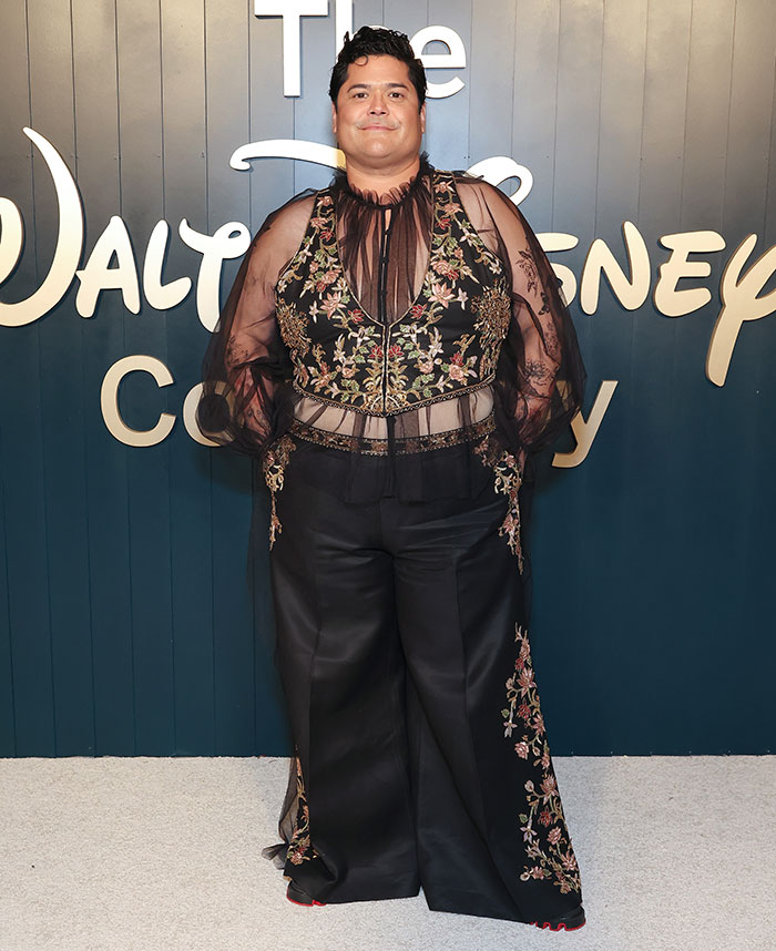 Celebrity wearing a black floral embroidered outfit with sheer sleeves at the 2025 Emmys after parties.