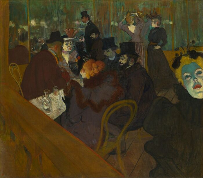 Impressionist painting depicting a lively Parisian café scene with elegantly dressed people in vintage attire.