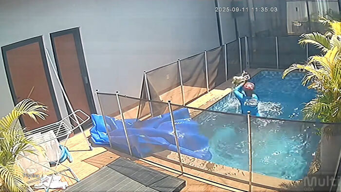 Pool attendant rescuing a blind dog from drowning in a residential pool during a dramatic emergency saving moment. Pool attendant rescuing a blind dog from drowning in a residential pool during a dramatic emergency saving moment.