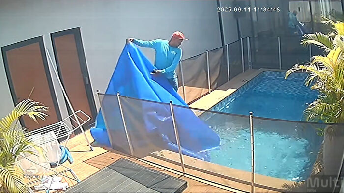 Pool attendant preparing to cover pool, highlighting a rescue effort involving a blind dog to prevent drowning. Pool attendant preparing to cover pool, highlighting a rescue effort involving a blind dog to prevent drowning.