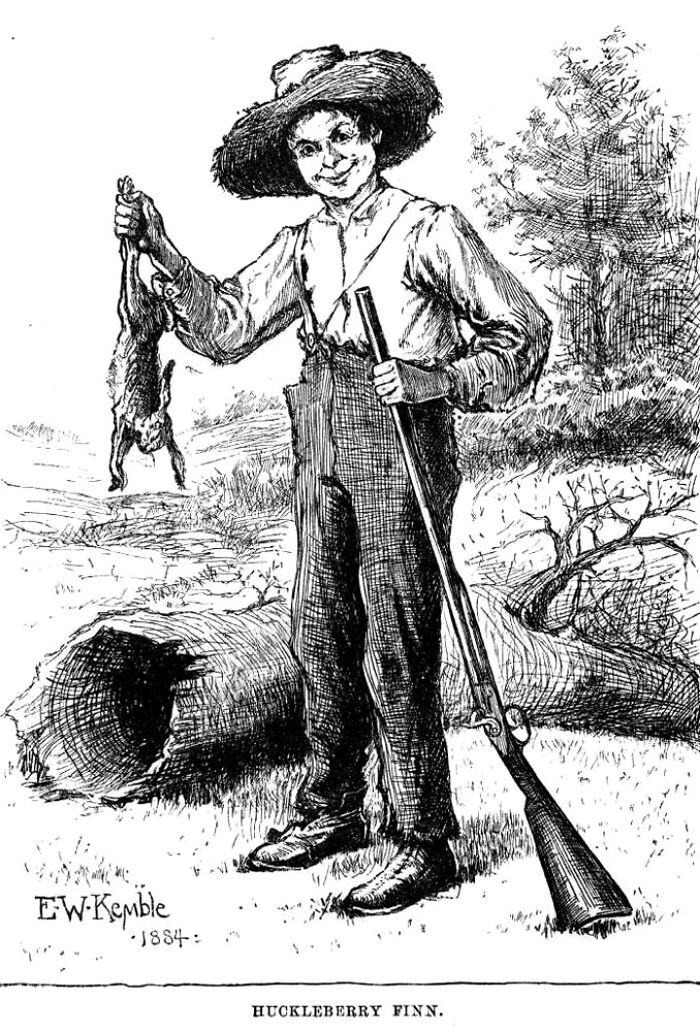 Illustration of American folk hero Huckleberry Finn holding a rifle and a hunted animal in a rural setting.