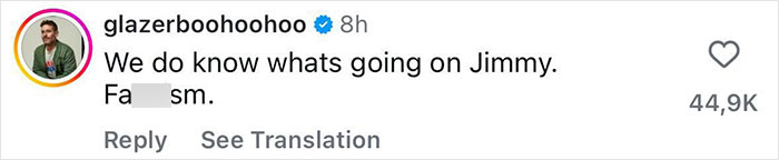 Screenshot of a social media comment referencing Jimmy Fallon reacting to Jimmy Kimmel's show suspension discussion.