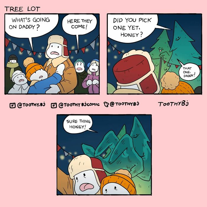 Toothy Bj comic showing a family picking a tree with personified trees in a nighttime lot setting.