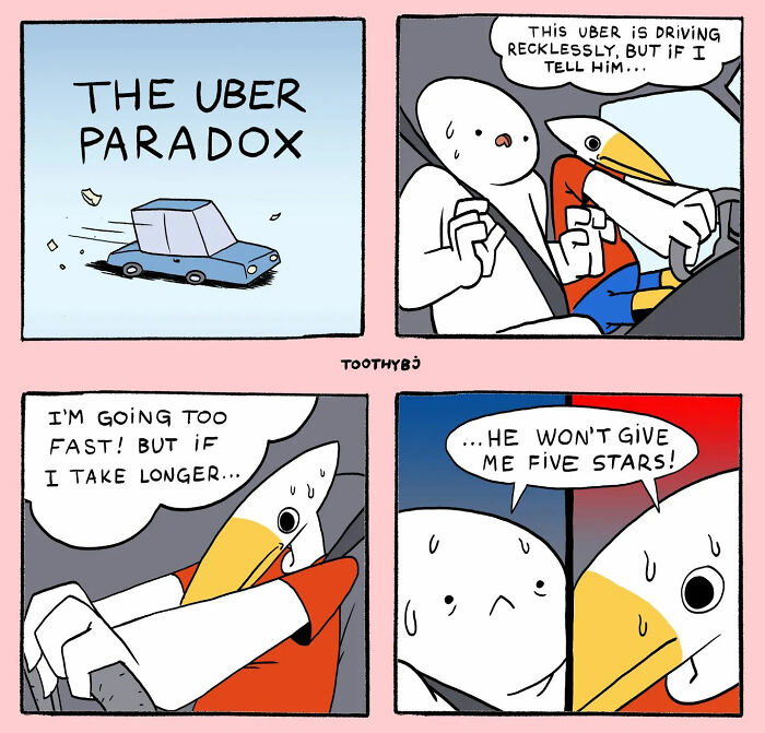 Toothy Bj comic showing a driver worried about driving recklessly to get a five-star rating from a passenger.