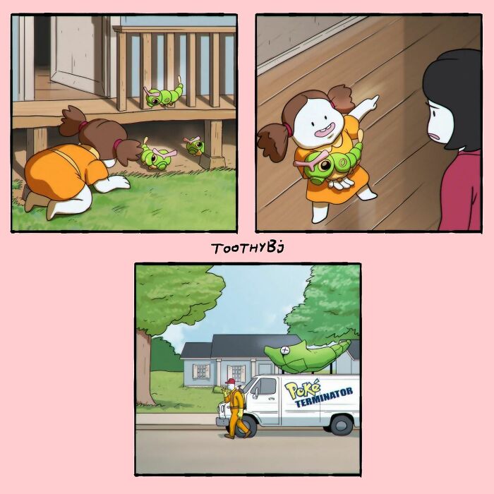 Toothy Bj cartoon showing a girl with a green caterpillar and a van labeled Poke Terminator in a suburban setting.