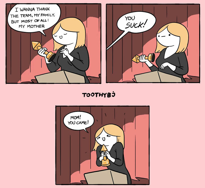 Toothy Bj comic showing a woman accepting an award and reacting to her mother's blunt comment on stage.