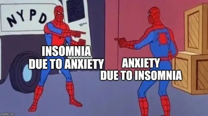 Two identical Spiderman characters pointing at each other illustrating insomnia and anxiety causing each other in a funny insomnia meme.