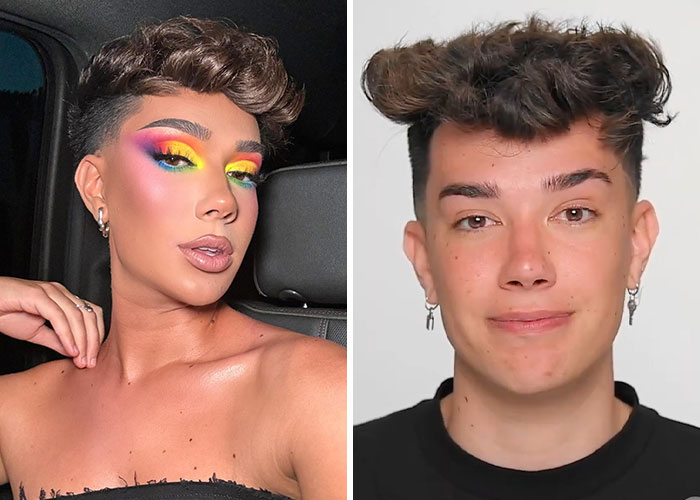 Side-by-side photos of an influencer with vibrant makeup and the same person without makeup, highlighting influencer career changes.