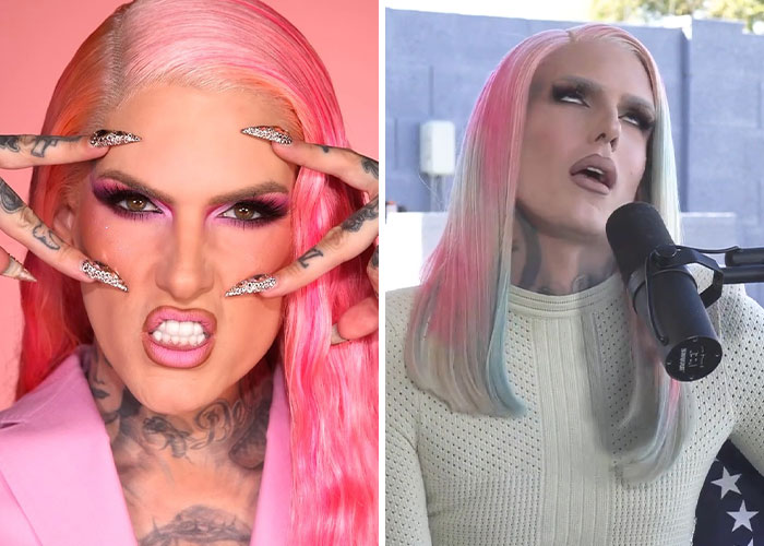 Influencer with pink and multicolor hair showcasing dramatic makeup and expressions, illustrating a career that tanked fast.