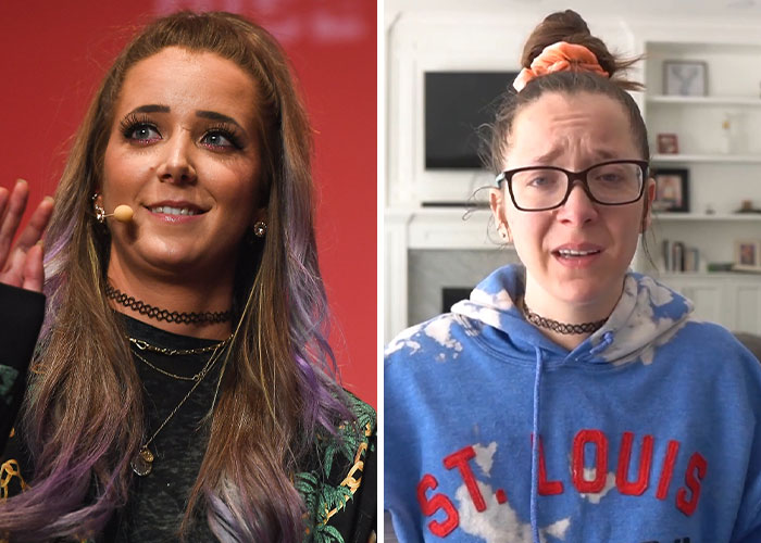 Side-by-side images of an influencer before and after their career declined in a casual home setting and professional event.