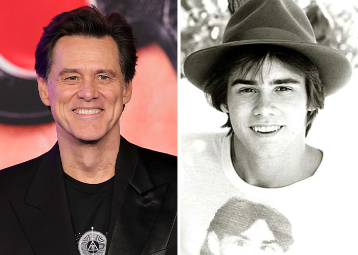 Jim Carrey smiling at a red carpet event beside a black and white photo of him wearing a hat in his youth, celebrities homelessness.