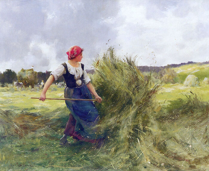 Victorian woman in countryside field gathering hay with a pitchfork, illustrating bizarre and creepy Victorian facts.