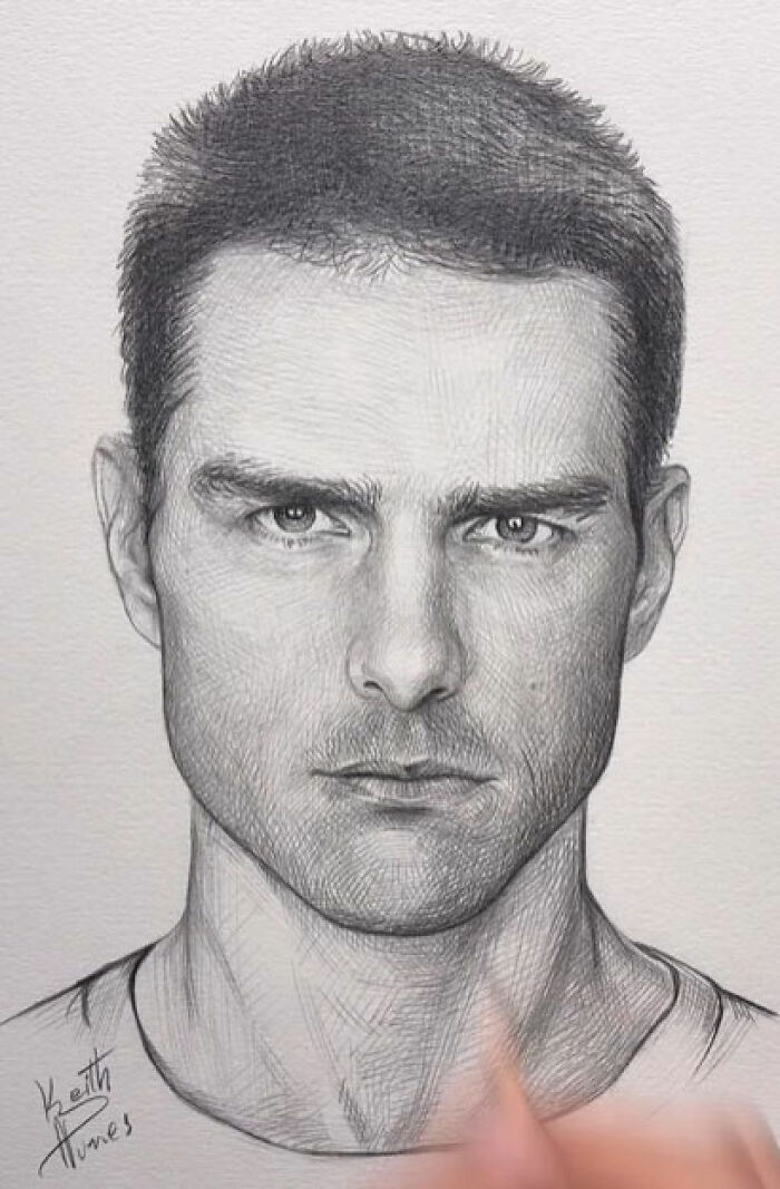 Realistic pencil portrait of a man with intense eyes and detailed facial features, capturing every tiny detail in the drawing.