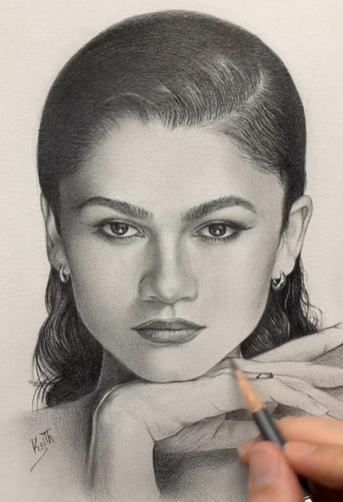 Realistic pencil portrait drawing of a woman with detailed facial features and hand, capturing every tiny detail.