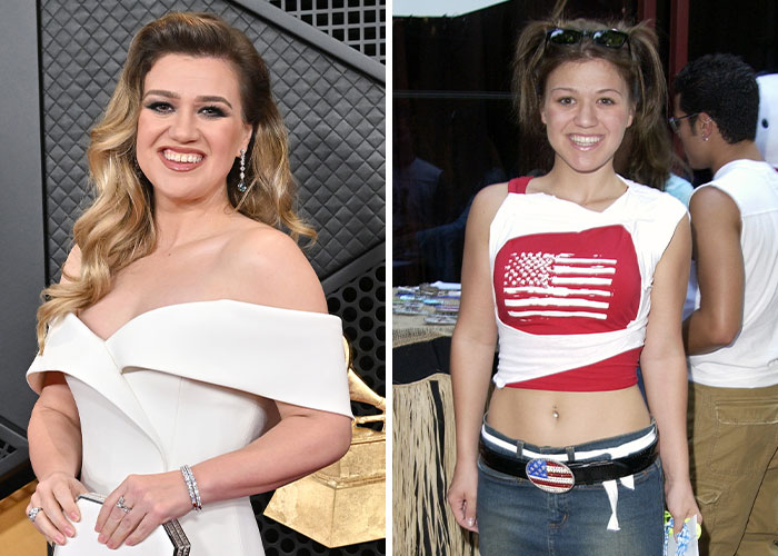 Kelly Clarkson at an award event and a younger woman smiling outdoors, highlighting celebrities who experienced homelessness.
